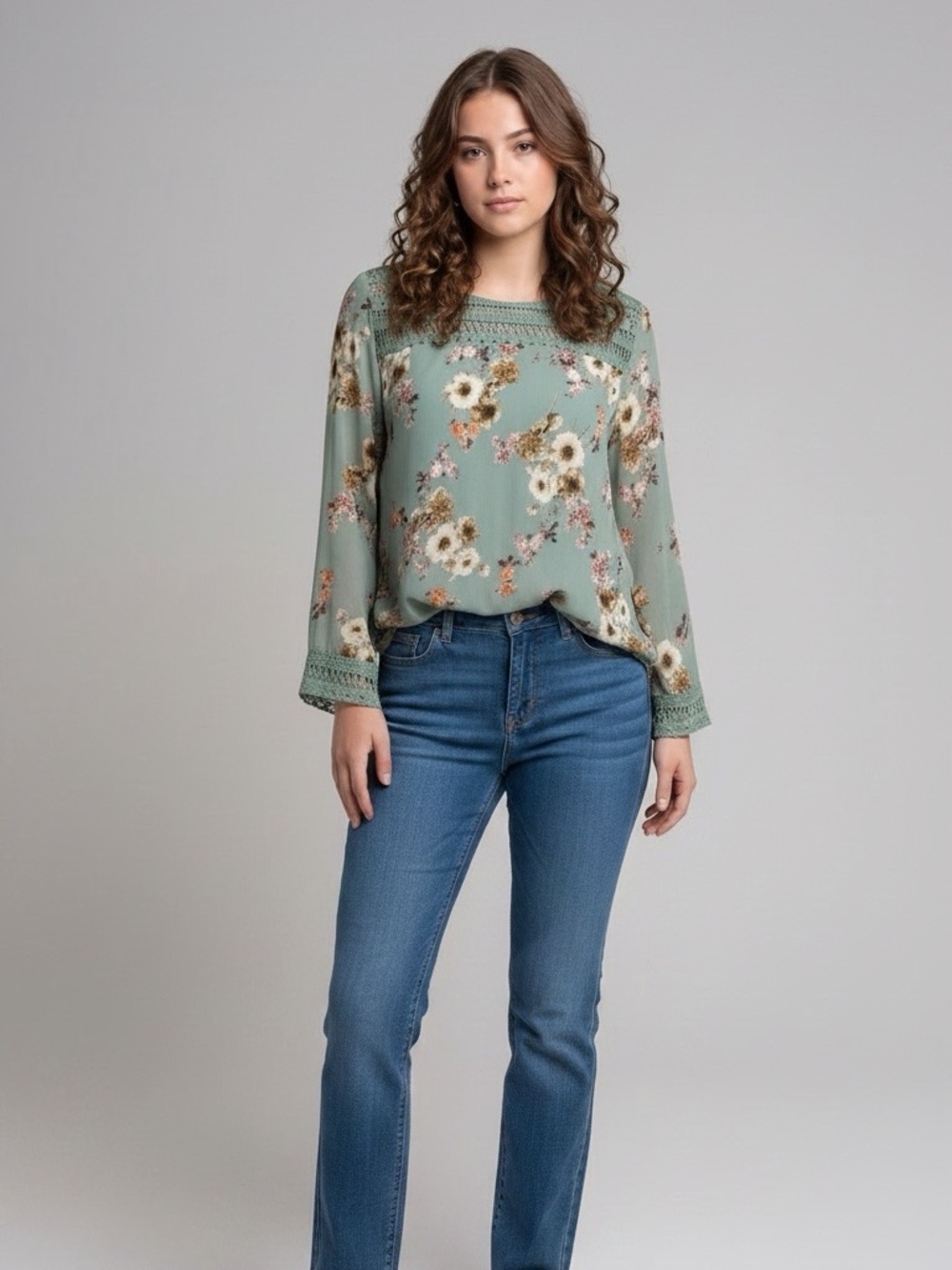 Suzanne Betro Sage Green Floral Crochet Yoke Blouse